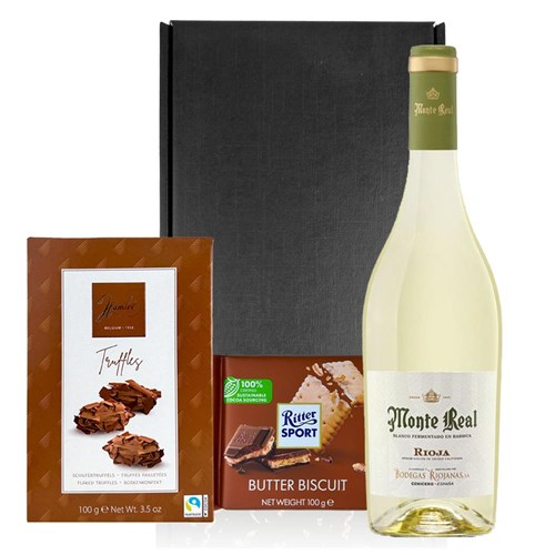 Monte Real Blanco Barrel Fermented 75cl White Wine and Chocolates Gift Box | Luxury Gift Set with Truffles & Ritter
